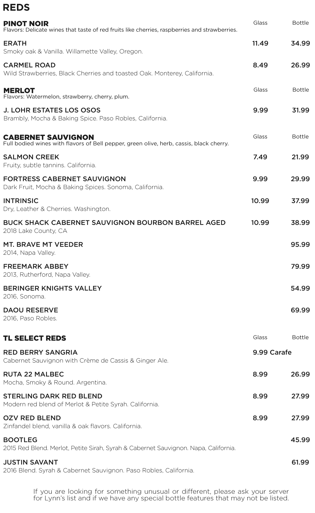 Menu Tab: Wine List – Timber Lodge Medina